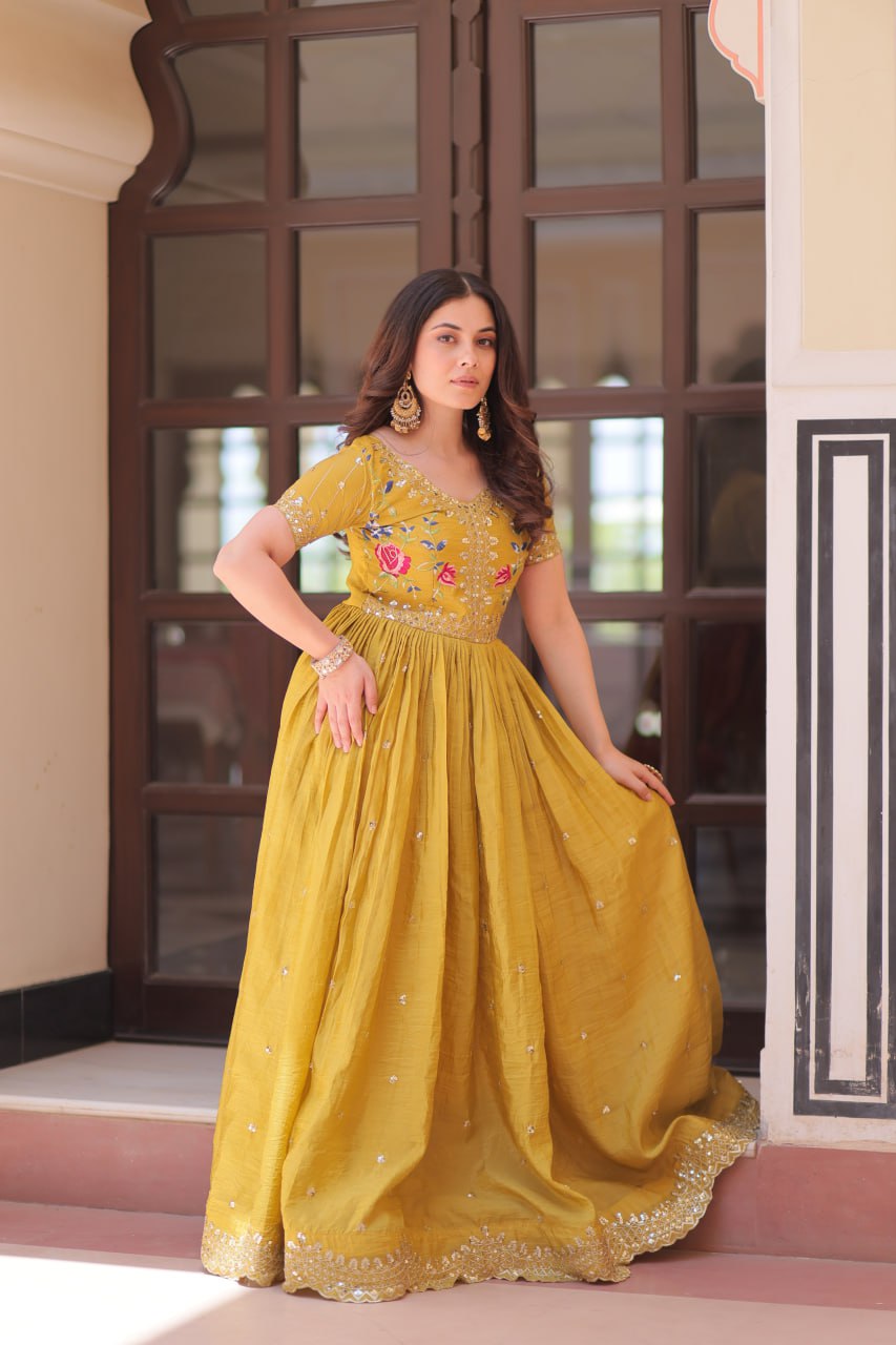 Musterd Gold Crush Embroidery Zari Sequins Work Gown
