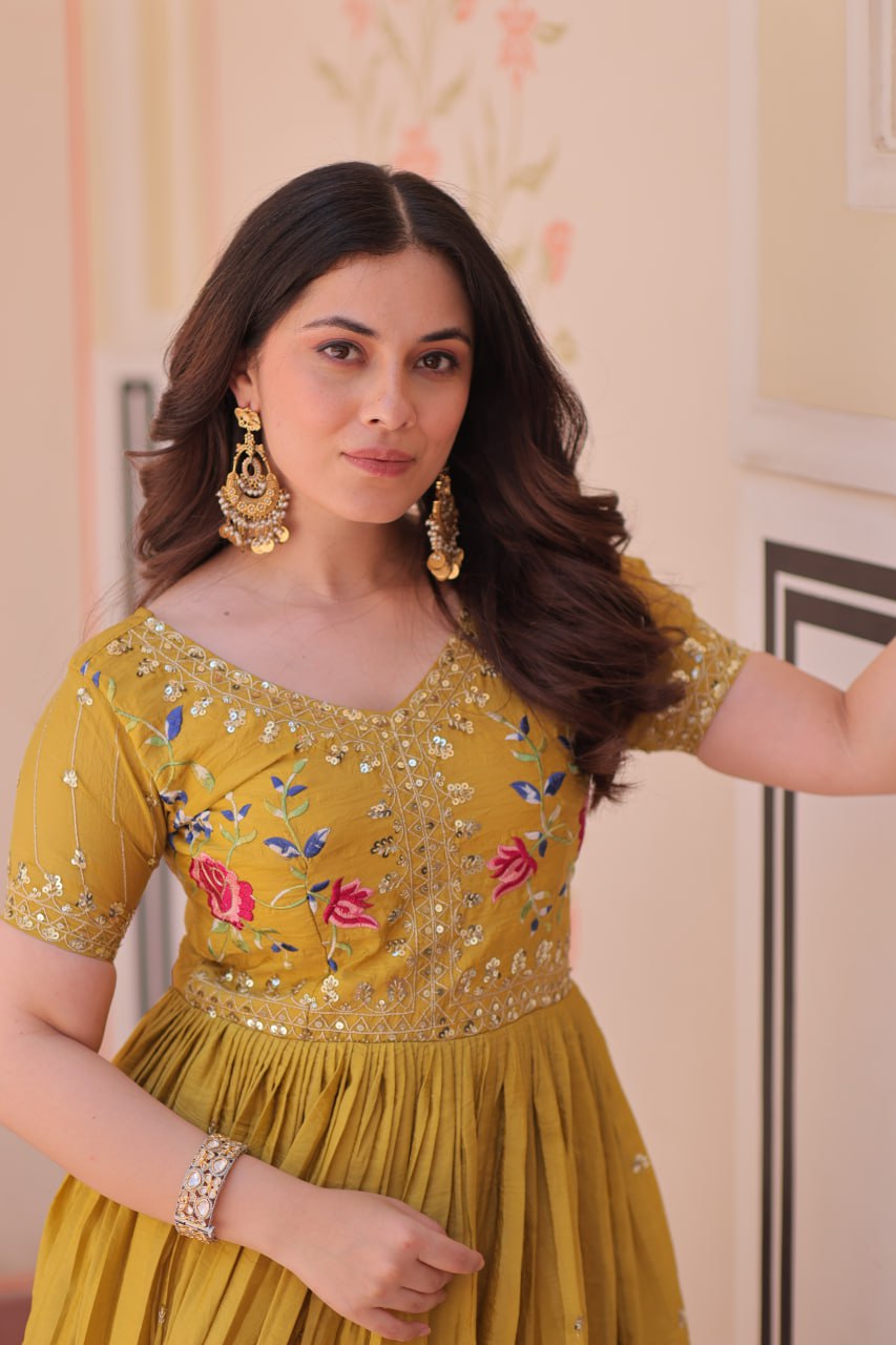 Musterd Gold Crush Embroidery Zari Sequins Work Gown