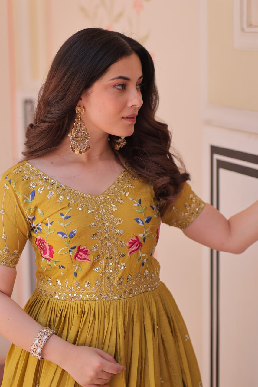 Musterd Gold Crush Embroidery Zari Sequins Work Gown