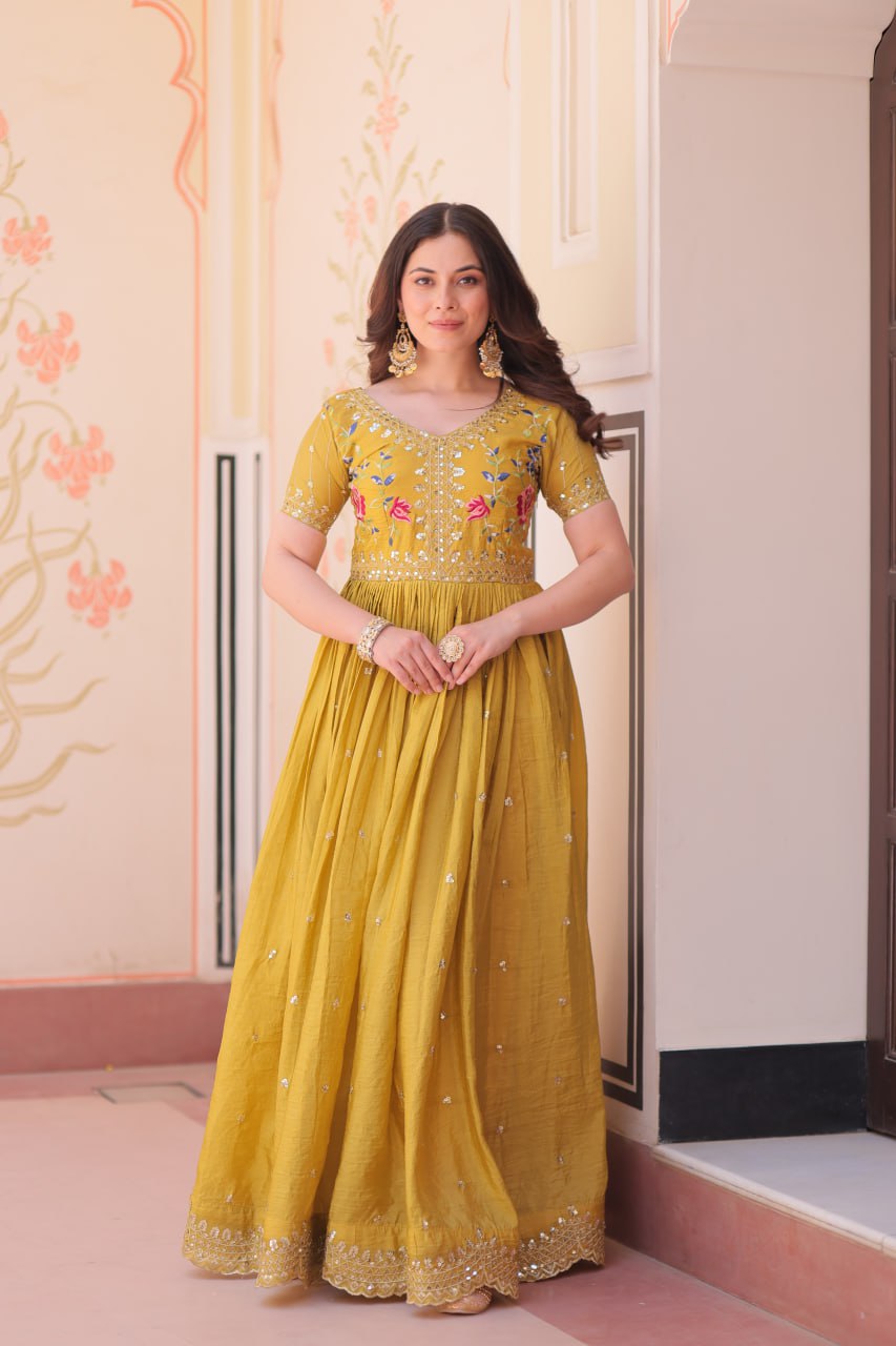 Musterd Gold Crush Embroidery Zari Sequins Work Gown