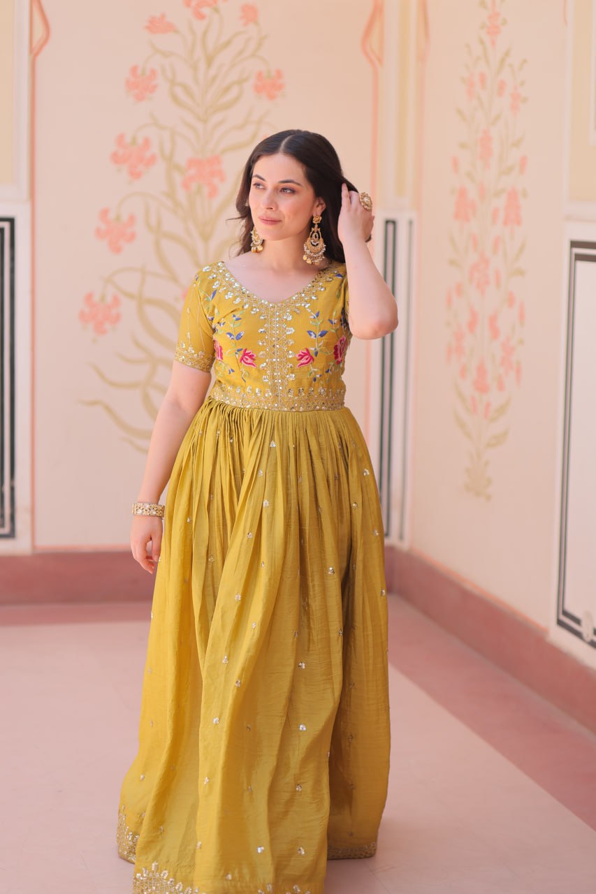 Musterd Gold Crush Embroidery Zari Sequins Work Gown