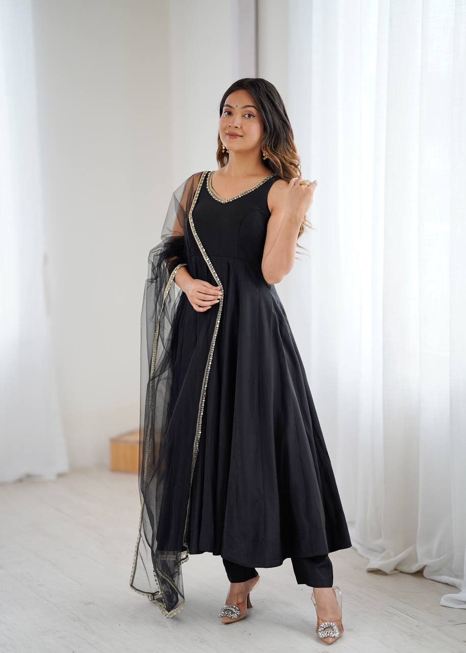 Black Heavy Pure Roman silk Chanderi Fabric Salwar Suit