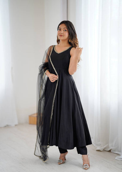 Black Heavy Pure Roman silk Chanderi Fabric Salwar Suit