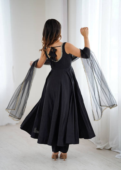 Black Heavy Pure Roman silk Chanderi Fabric Salwar Suit