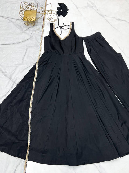 Black Heavy Pure Roman silk Chanderi Fabric Salwar Suit