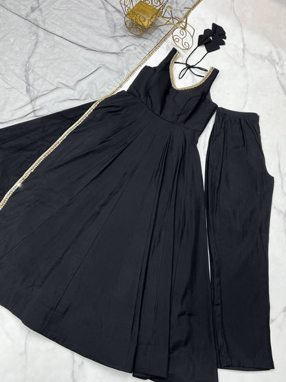 Black Heavy Pure Roman silk Chanderi Fabric Salwar Suit