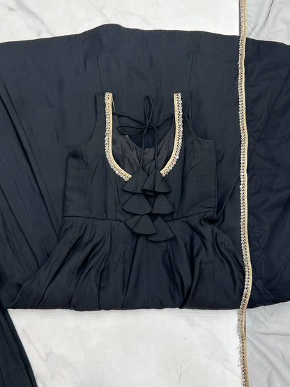 Black Heavy Pure Roman silk Chanderi Fabric Salwar Suit