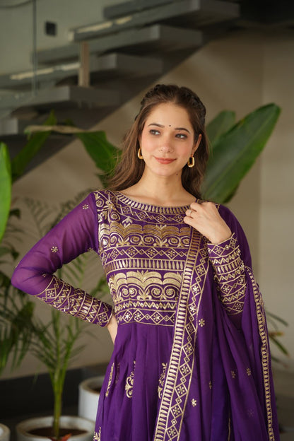 Purple Color Chinnon With Sequins Multi Beads Embroidered Work Gown