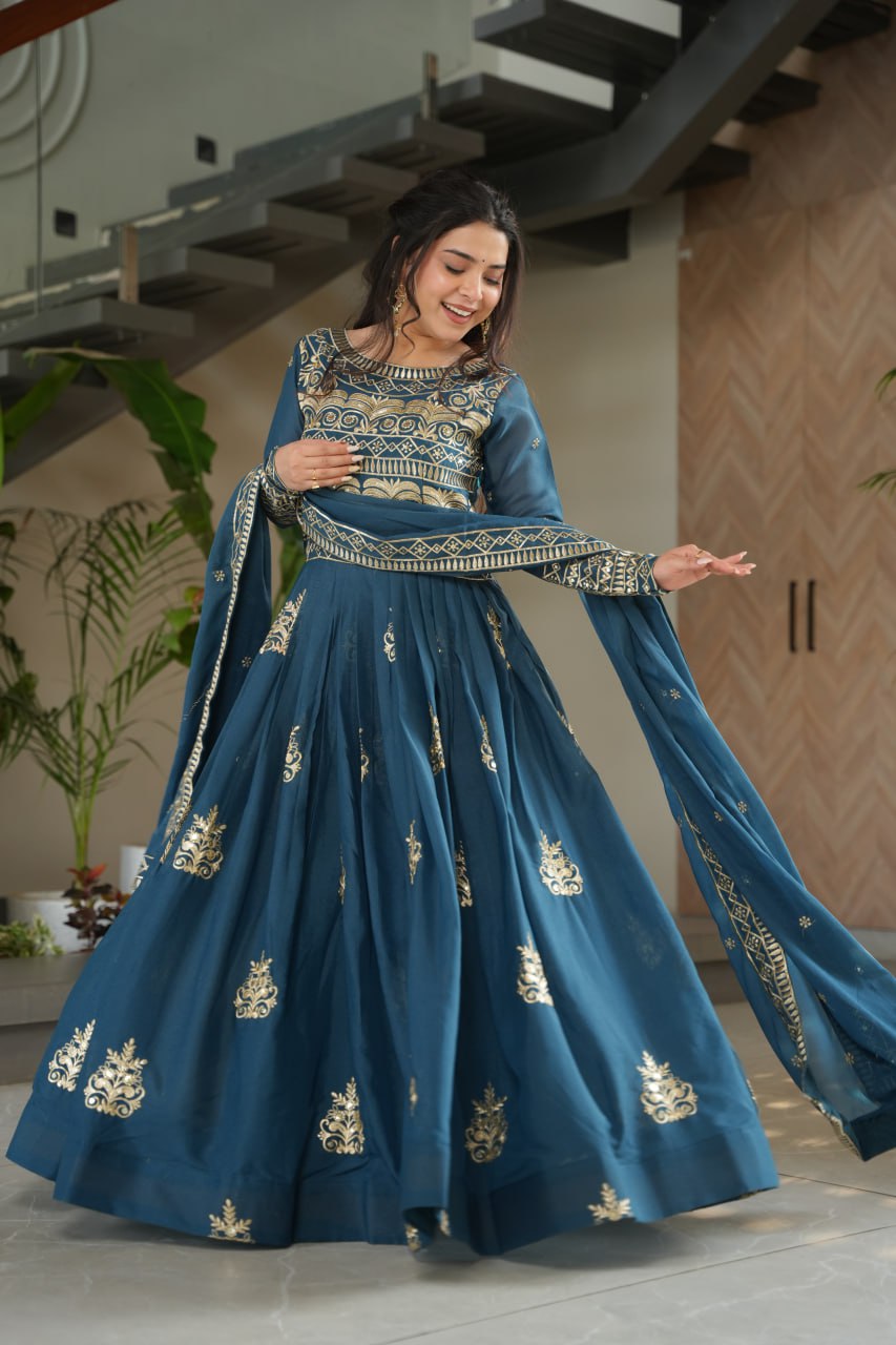 Rama Color Chinnon With Sequins Multi Beads Embroidered Work Gown