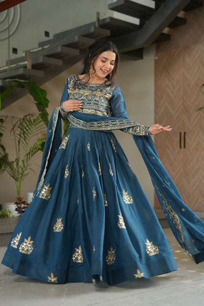 Rama Color Chinnon With Sequins Multi Beads Embroidered Work Gown