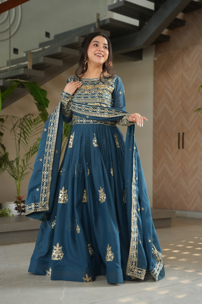 Rama Color Chinnon With Sequins Multi Beads Embroidered Work Gown
