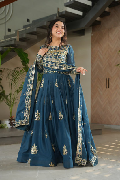 Rama Color Chinnon With Sequins Multi Beads Embroidered Work Gown
