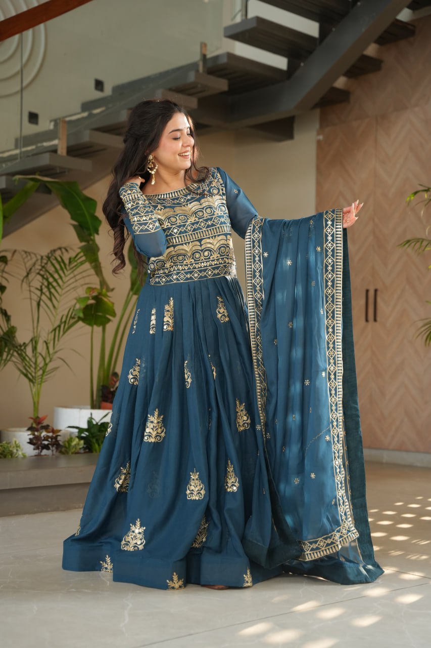 Rama Color Chinnon With Sequins Multi Beads Embroidered Work Gown