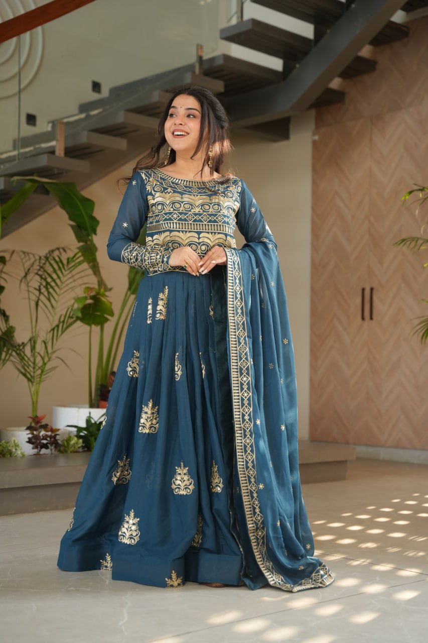 Rama Color Chinnon With Sequins Multi Beads Embroidered Work Gown