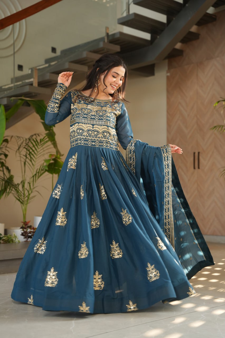 Rama Color Chinnon With Sequins Multi Beads Embroidered Work Gown