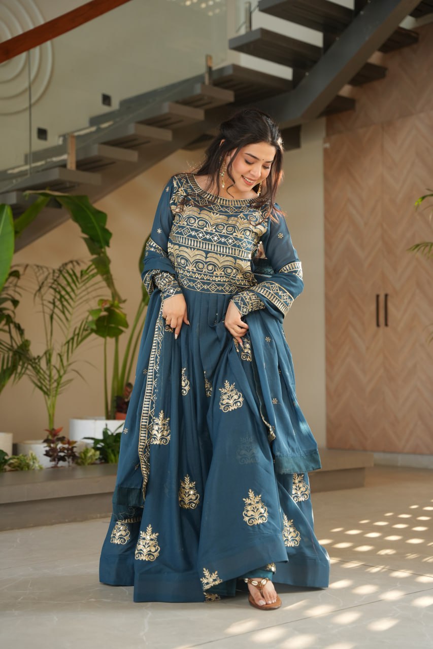 Rama Color Chinnon With Sequins Multi Beads Embroidered Work Gown