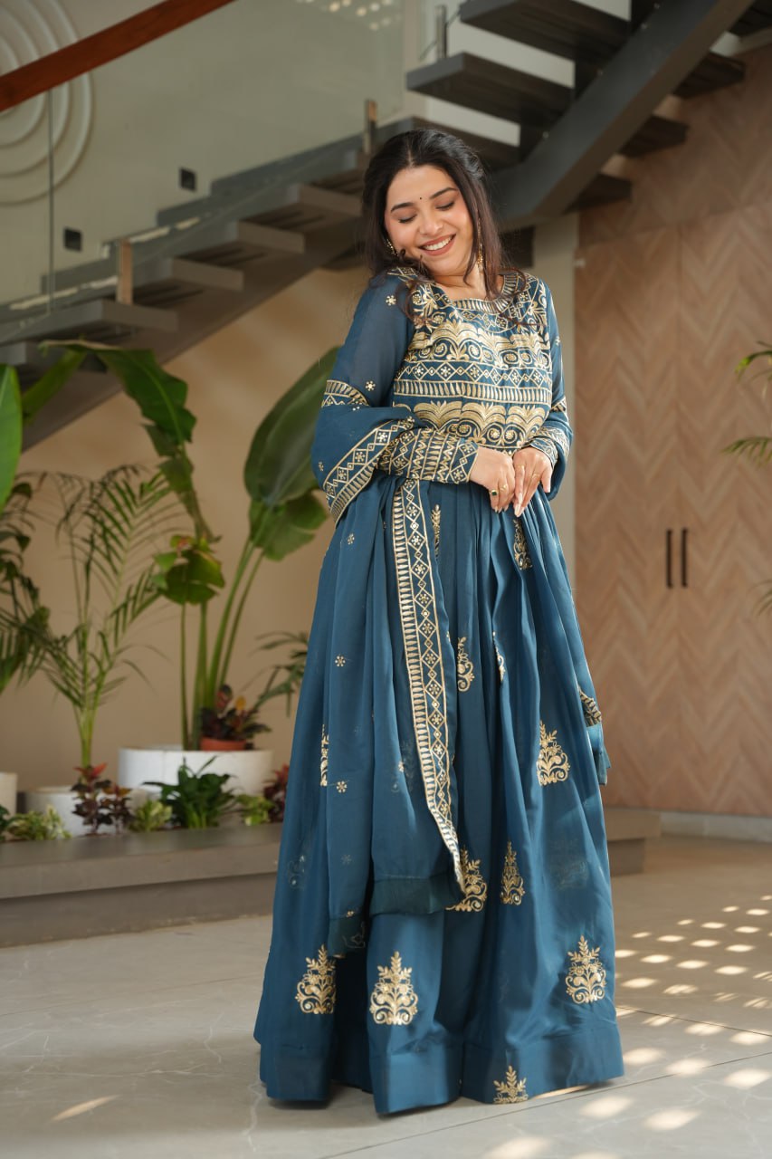 Rama Color Chinnon With Sequins Multi Beads Embroidered Work Gown