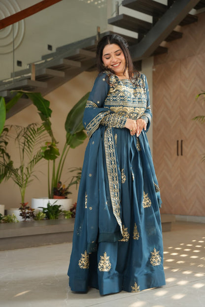 Rama Color Chinnon With Sequins Multi Beads Embroidered Work Gown