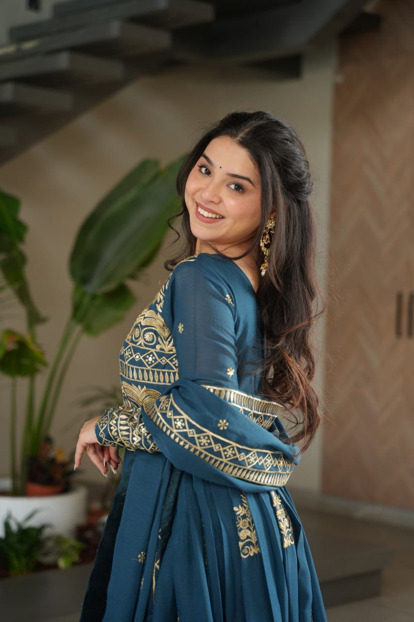 Rama Color Chinnon With Sequins Multi Beads Embroidered Work Gown