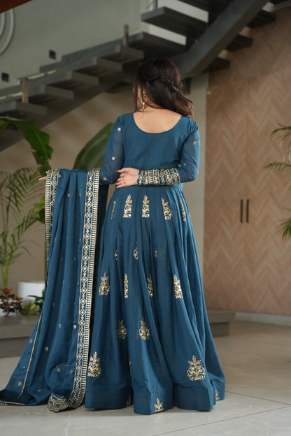 Rama Color Chinnon With Sequins Multi Beads Embroidered Work Gown
