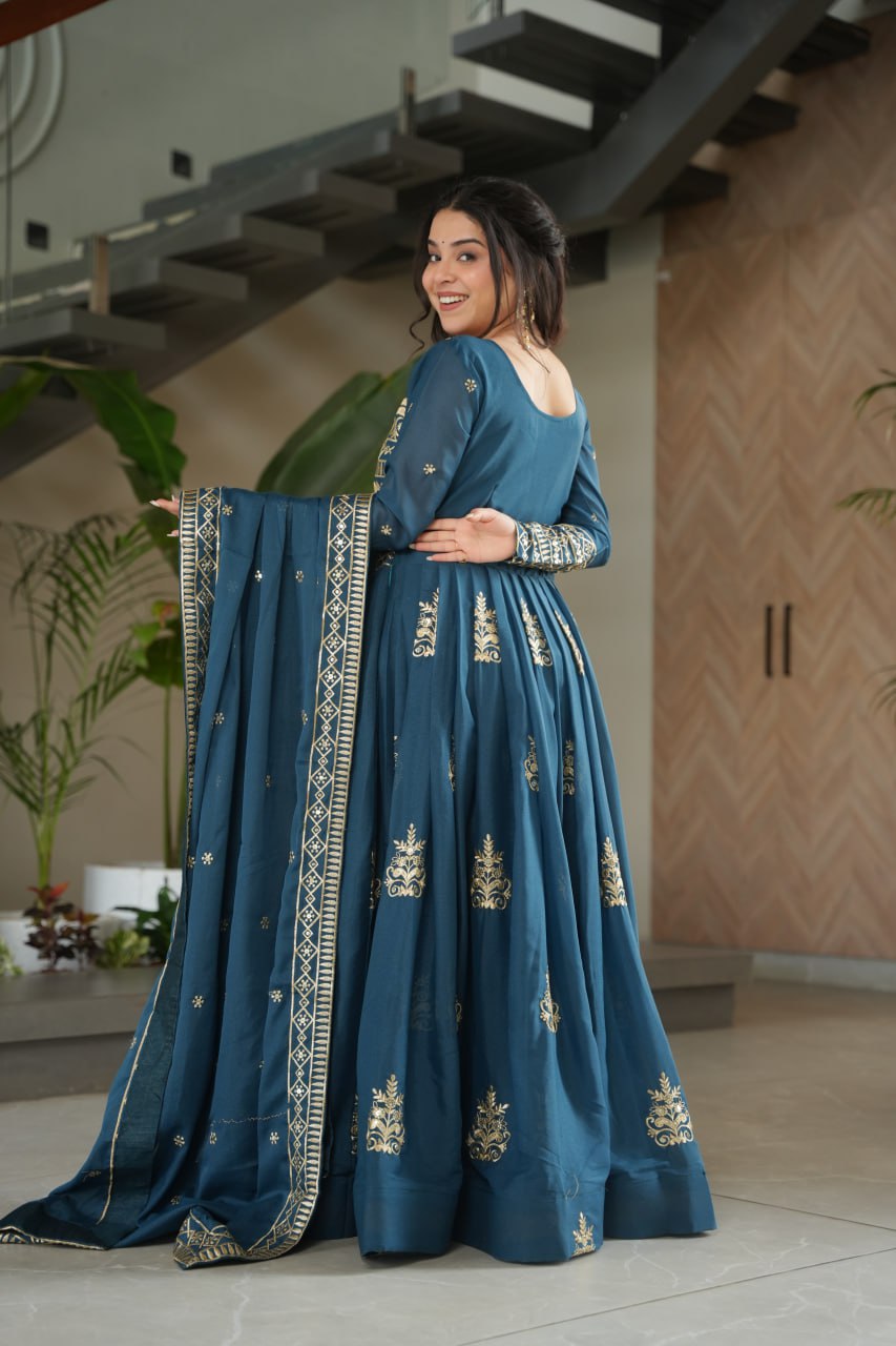 Rama Color Chinnon With Sequins Multi Beads Embroidered Work Gown