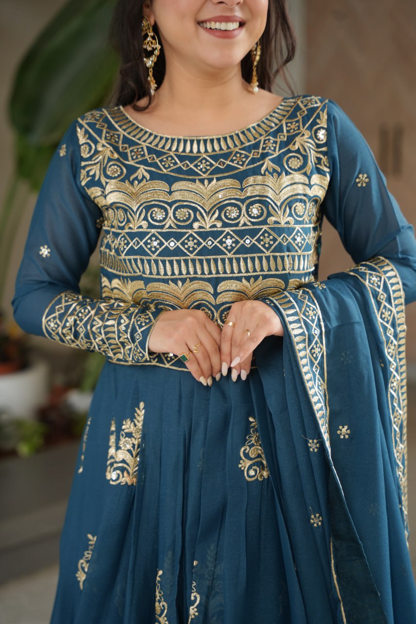 Rama Color Chinnon With Sequins Multi Beads Embroidered Work Gown