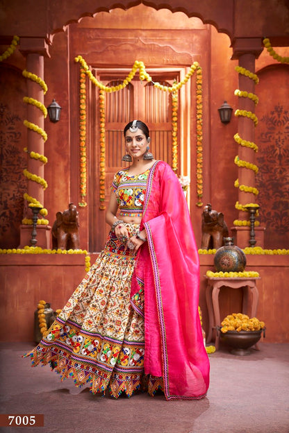 Cream Gamthi Work And Patola Print With Mirror Work Navratri Lehenga Choli