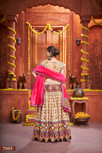 Cream Gamthi Work And Patola Print With Mirror Work Navratri Lehenga Choli