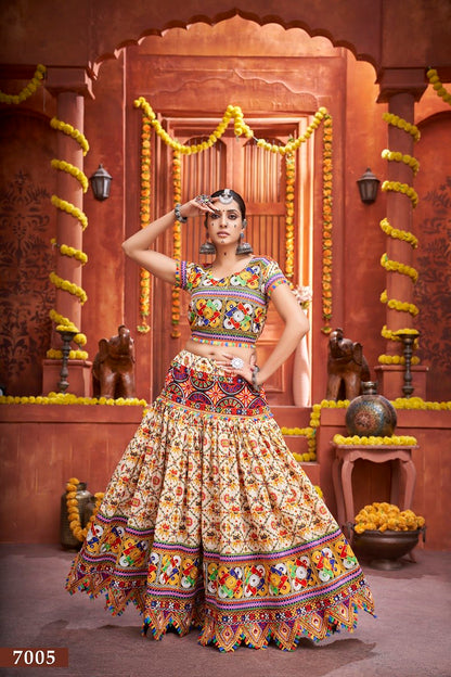 Cream Gamthi Work And Patola Print With Mirror Work Navratri Lehenga Choli