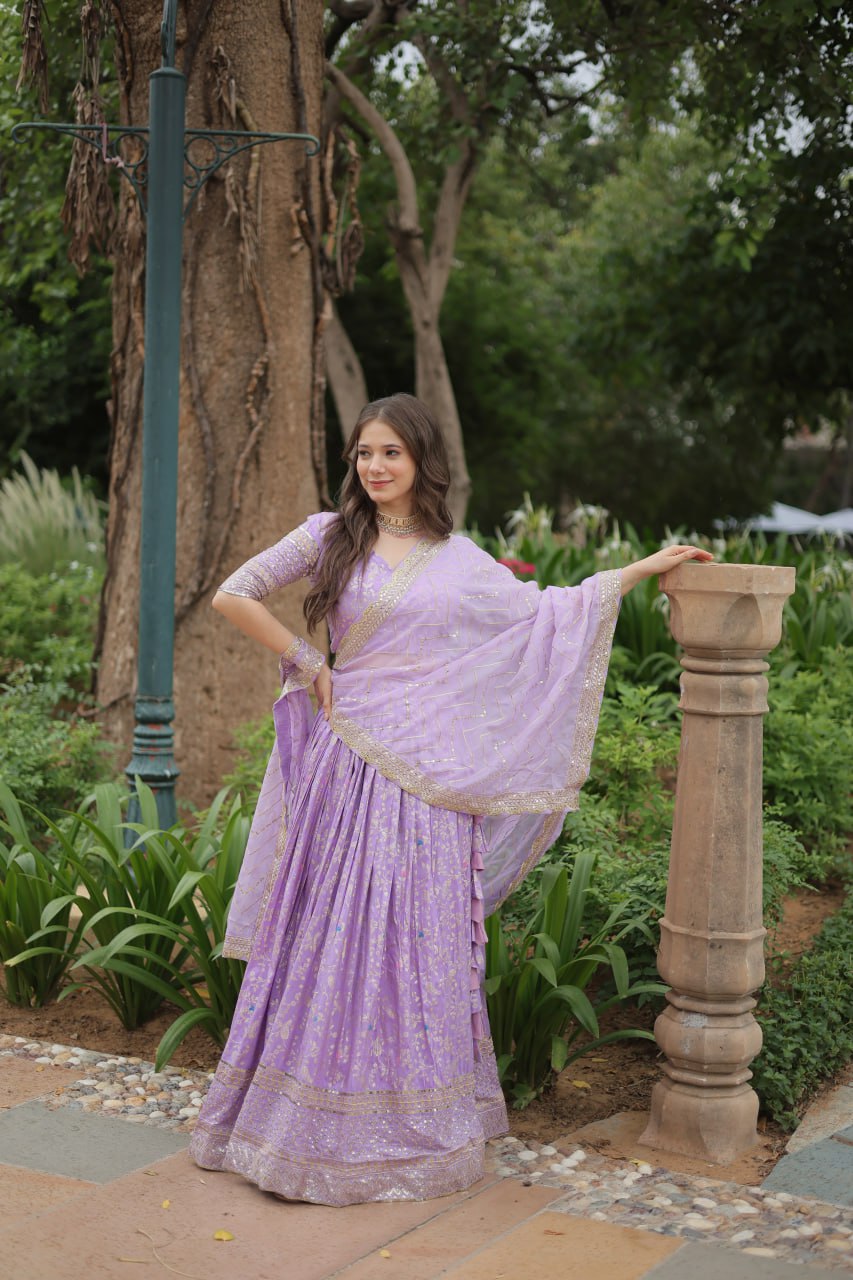 Lavender Color Pure Dyable Viscose Jacquard With Golden Embroidered Sequins Work Lehenga