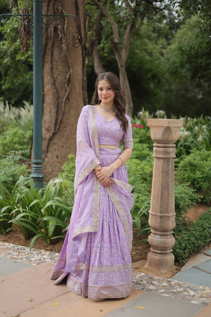 Lavender Color Pure Dyable Viscose Jacquard With Golden Embroidered Sequins Work Lehenga