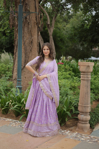 Lavender Color Pure Dyable Viscose Jacquard With Golden Embroidered Sequins Work Lehenga