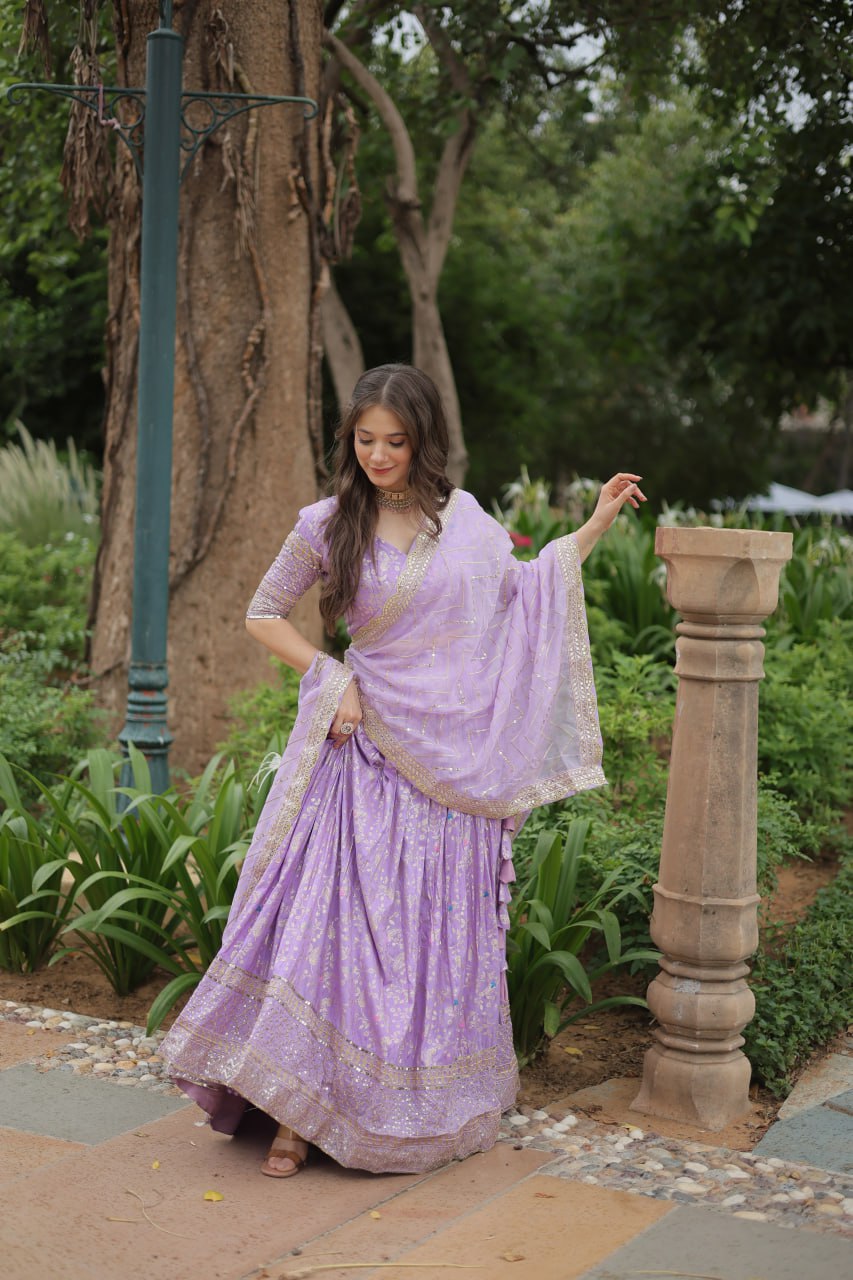 Lavender Color Pure Dyable Viscose Jacquard With Golden Embroidered Sequins Work Lehenga