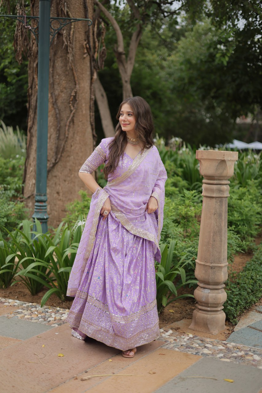 Lavender Color Pure Dyable Viscose Jacquard With Golden Embroidered Sequins Work Lehenga