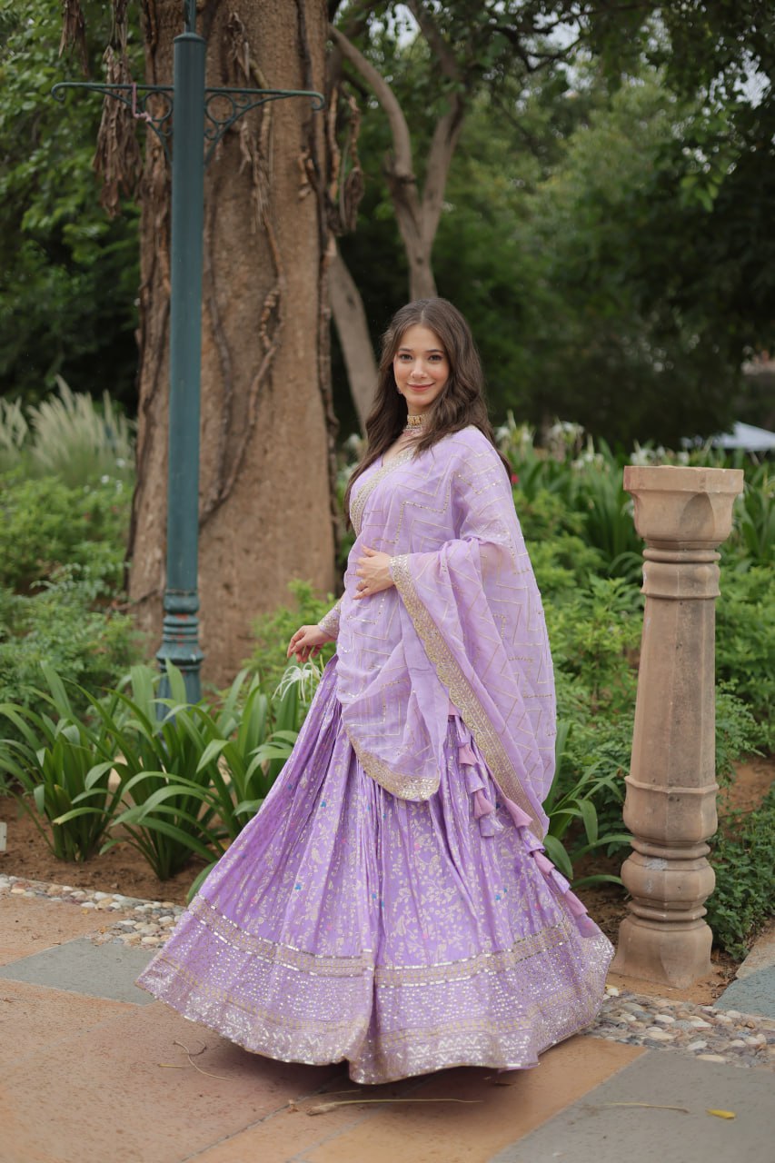 Lavender Color Pure Dyable Viscose Jacquard With Golden Embroidered Sequins Work Lehenga