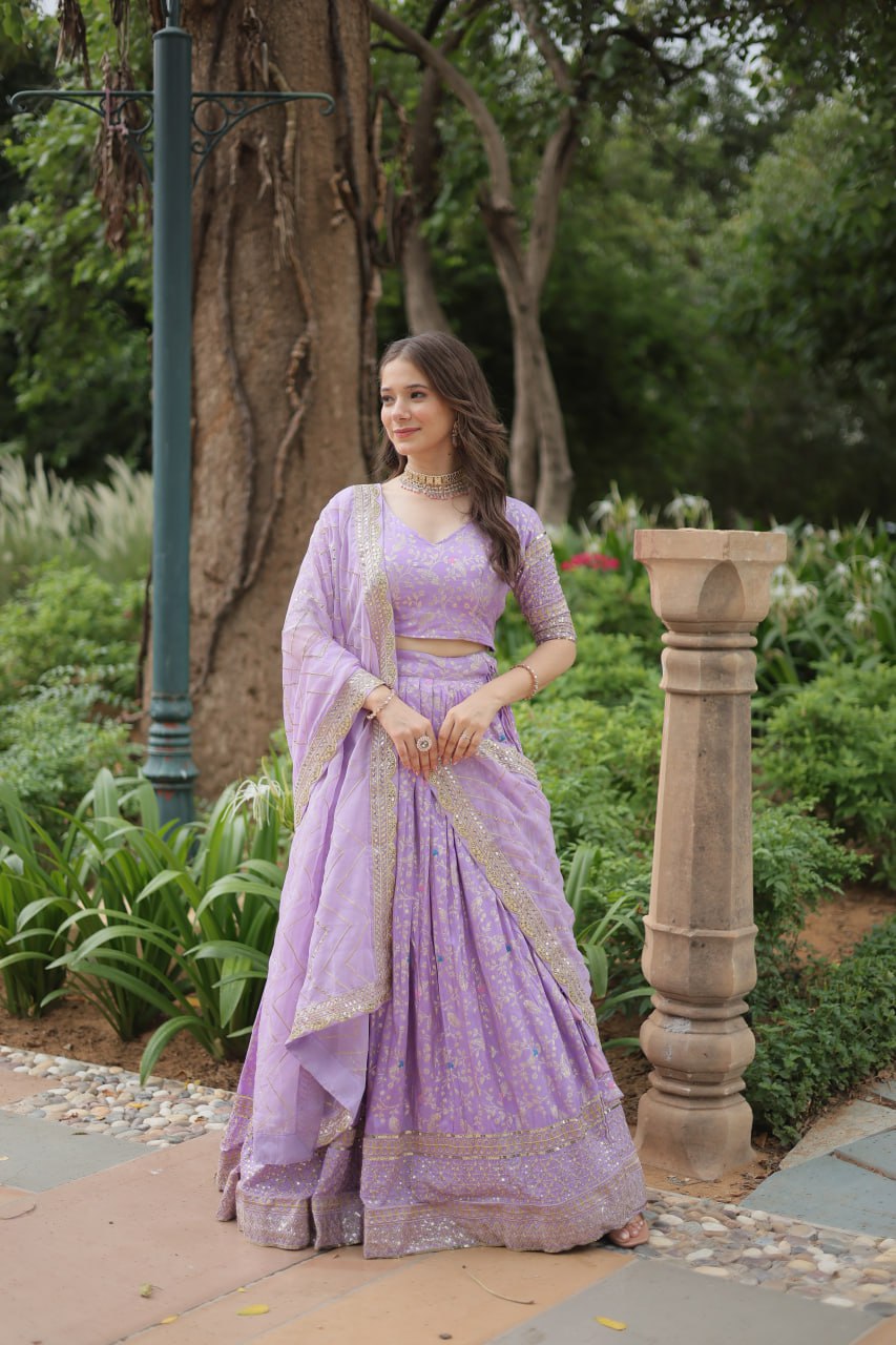 Lavender Color Pure Dyable Viscose Jacquard With Golden Embroidered Sequins Work Lehenga