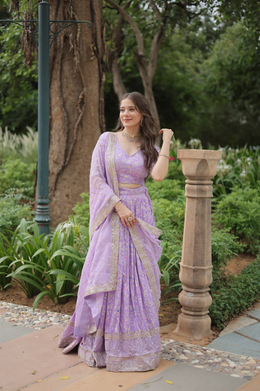 Lavender Color Pure Dyable Viscose Jacquard With Golden Embroidered Sequins Work Lehenga