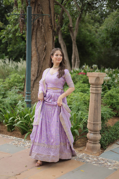 Lavender Color Pure Dyable Viscose Jacquard With Golden Embroidered Sequins Work Lehenga