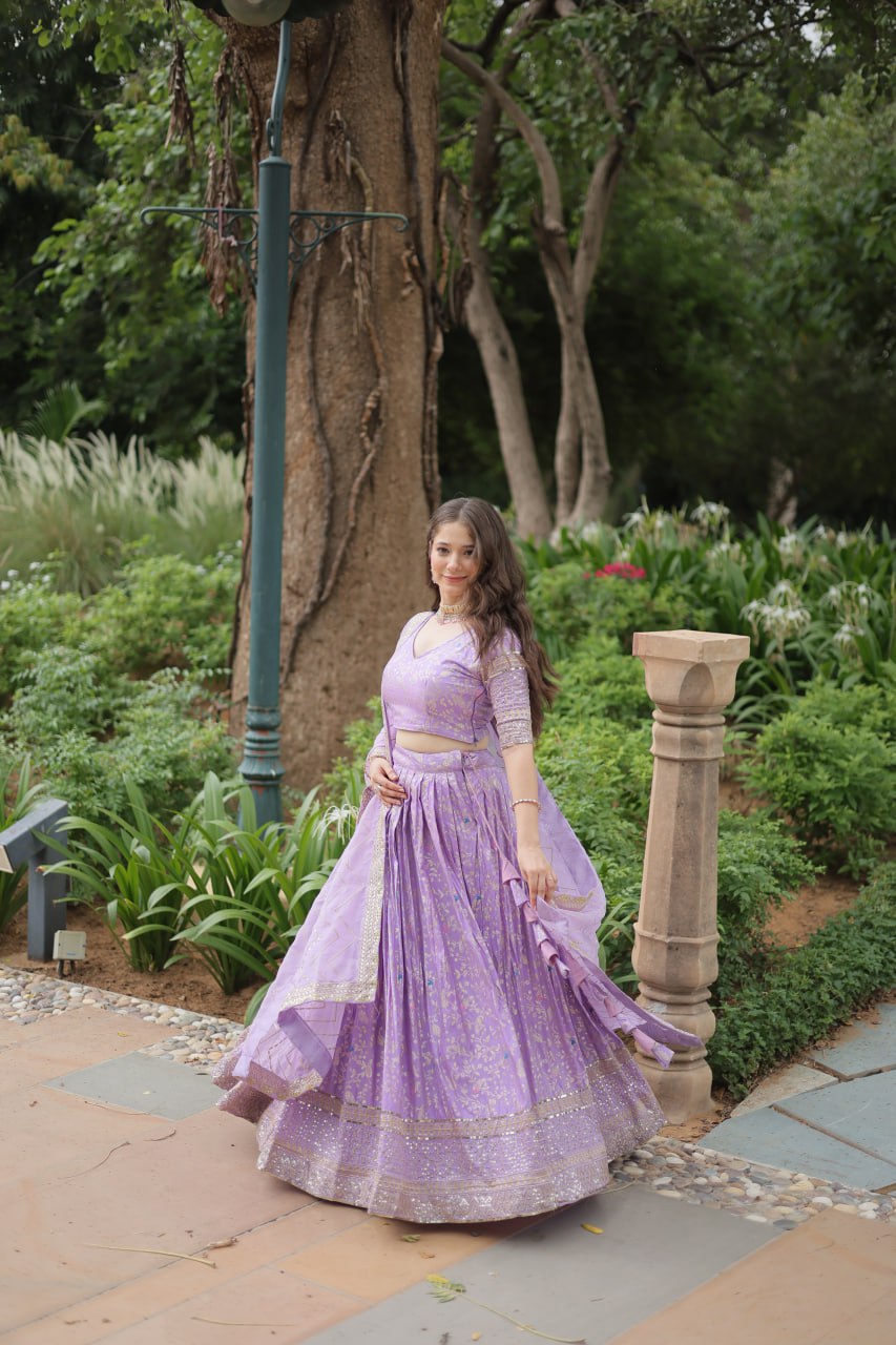 Lavender Color Pure Dyable Viscose Jacquard With Golden Embroidered Sequins Work Lehenga