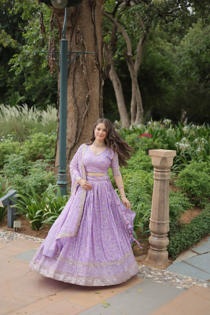 Lavender Color Pure Dyable Viscose Jacquard With Golden Embroidered Sequins Work Lehenga