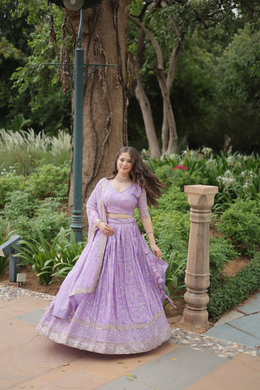 Lavender Color Pure Dyable Viscose Jacquard With Golden Embroidered Sequins Work Lehenga