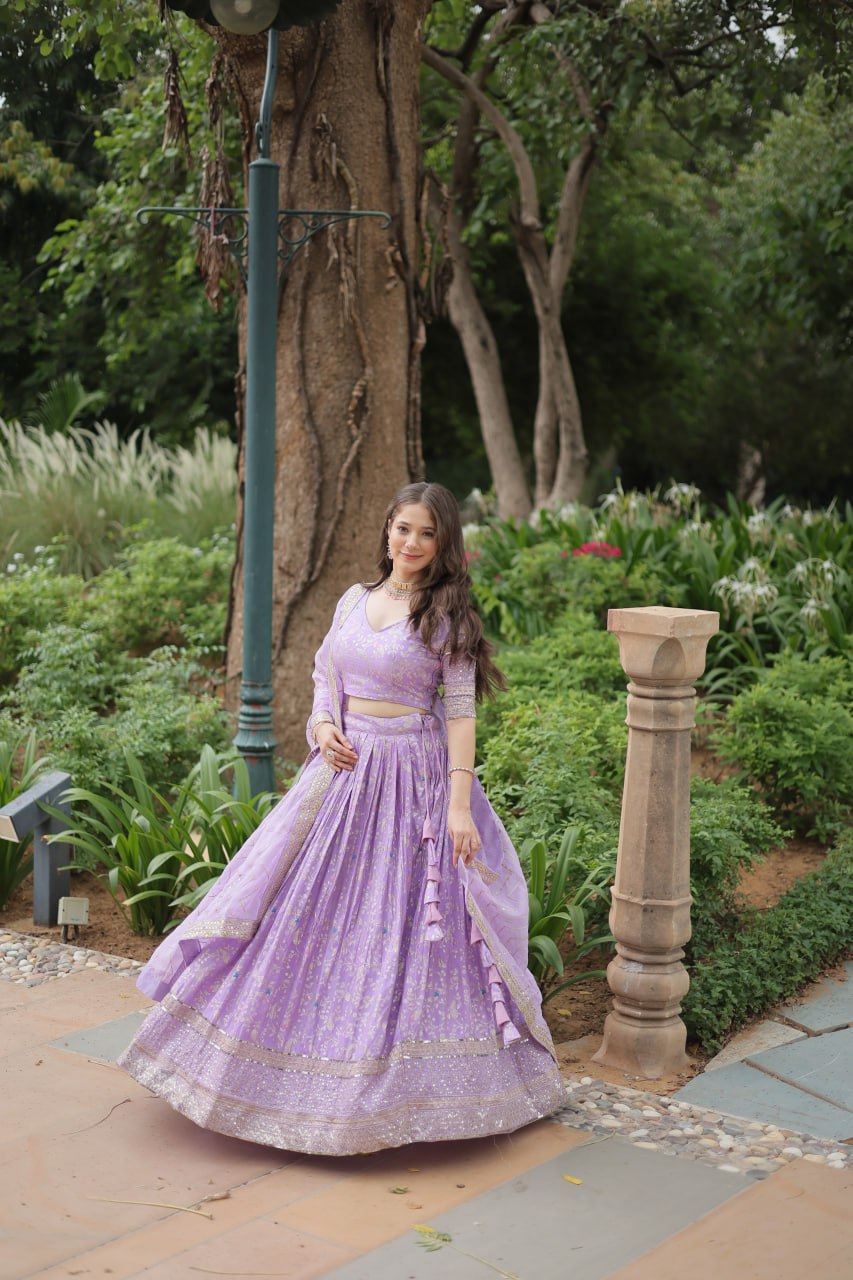 Lavender Color Pure Dyable Viscose Jacquard With Golden Embroidered Sequins Work Lehenga