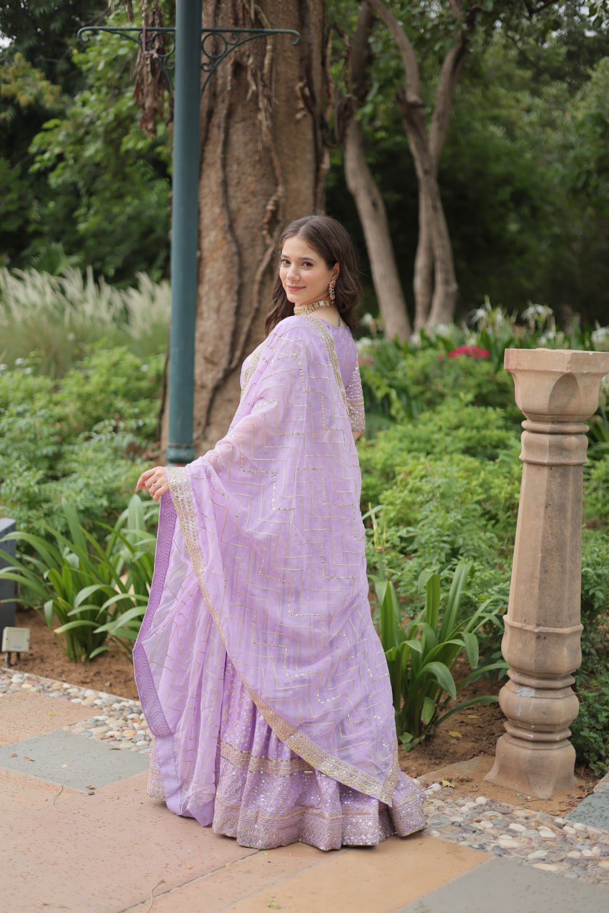 Lavender Color Pure Dyable Viscose Jacquard With Golden Embroidered Sequins Work Lehenga