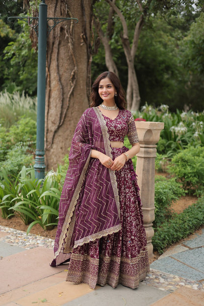 Wine Color Pure Dyable Viscose Jacquard With Golden Embroidered Sequins Work Lehenga