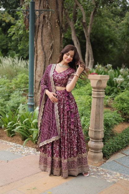 Wine Color Pure Dyable Viscose Jacquard With Golden Embroidered Sequins Work Lehenga