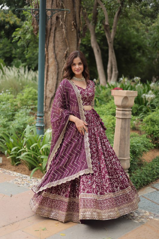 Wine Color Pure Dyable Viscose Jacquard With Golden Embroidered Sequins Work Lehenga