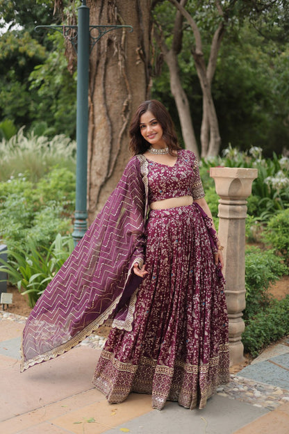 Wine Color Pure Dyable Viscose Jacquard With Golden Embroidered Sequins Work Lehenga