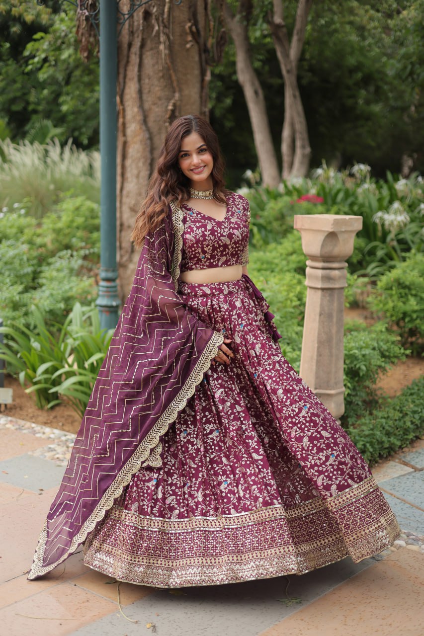 Wine Color Pure Dyable Viscose Jacquard With Golden Embroidered Sequins Work Lehenga