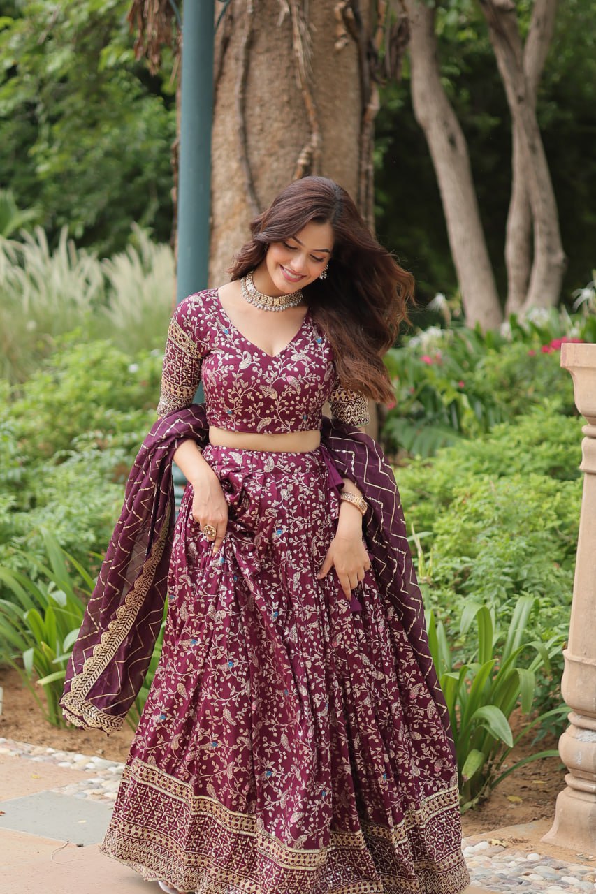 Wine Color Pure Dyable Viscose Jacquard With Golden Embroidered Sequins Work Lehenga