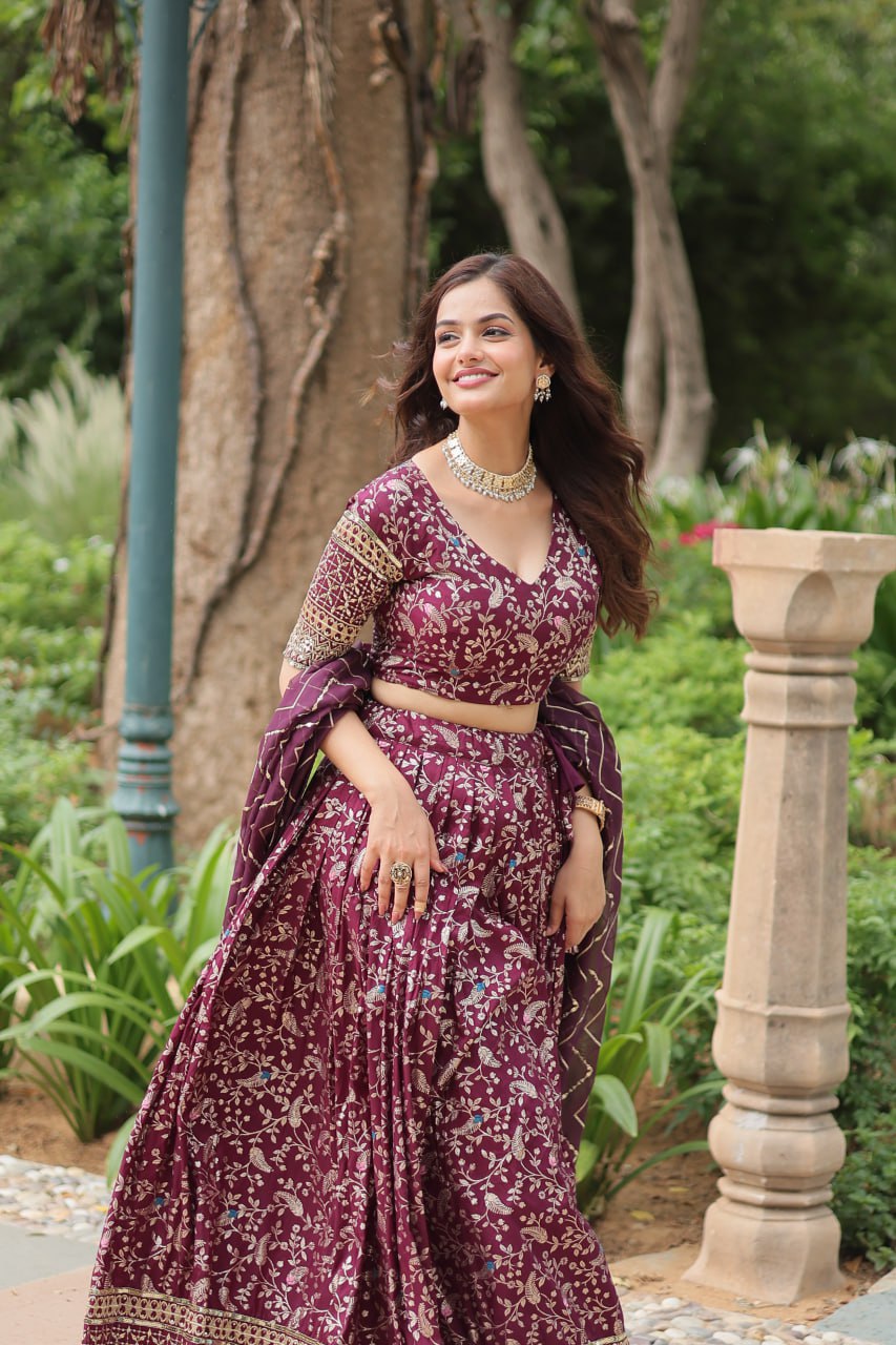 Wine Color Pure Dyable Viscose Jacquard With Golden Embroidered Sequins Work Lehenga